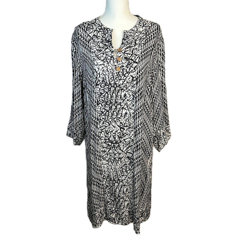 Soft Surroundings Raven Caftan Tunic Dress XL Tan Black Abstract Rayon Boho Chic